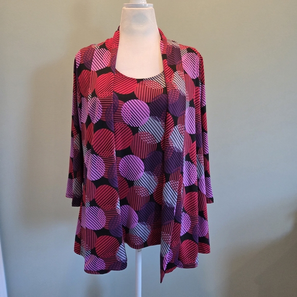 Slinky Brand Geometric Print Tunic Top & Cardigan Set Size L Red Pink Purple - Picture 2 of 11